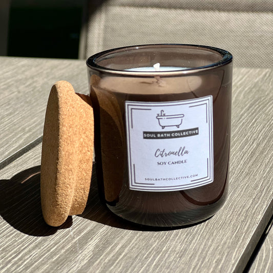 Citronella Soy Wax Candle, Bug Repellent, Clean Burning and Eco-Friendly, Black Glass Container with Cork Lid, 4 oz