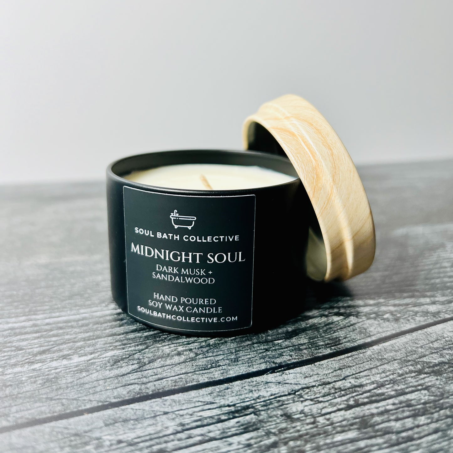 Soy Wax Candle Trio, Soulmate, Calm Soul, Midnight Soul, Clean Burning and Eco-Friendly, Black Tin, 4 oz