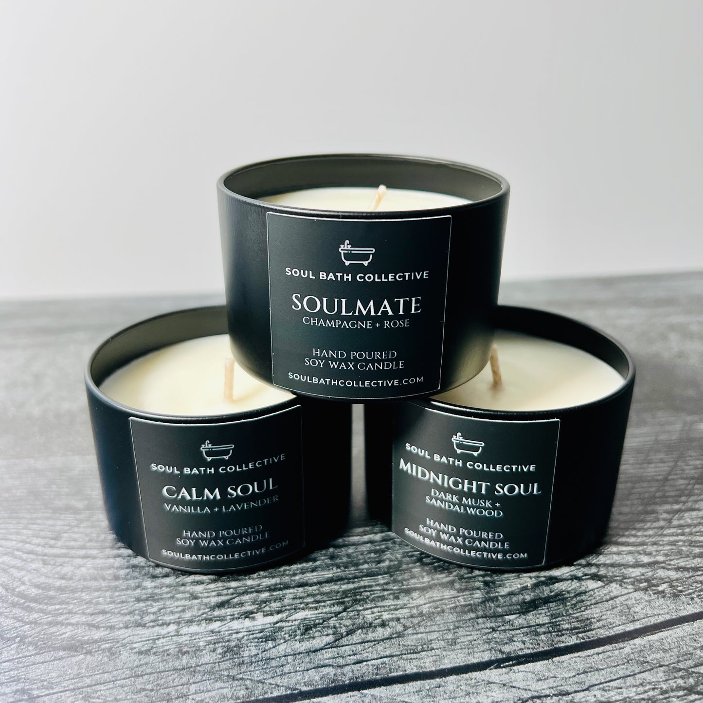 Soy Wax Candle Trio, Soulmate, Calm Soul, Midnight Soul, Clean Burning and Eco-Friendly, Black Tin, 4 oz