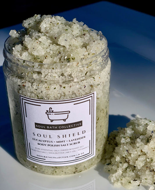 Body Polish Salt Scrub, Eucalyptus Mint Lavender, Soul Shield, Dead Sea Salt, MCT Oil, Shea Butter, Essential Oils