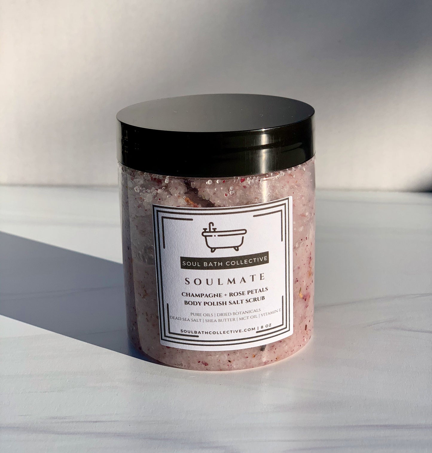 Body Polish Salt Scrub, Champagne + Rose Petals, Soulmate, Dead Sea Salt, MCT Oil, Shea Butter, Essential Oils, Dried Botanicals