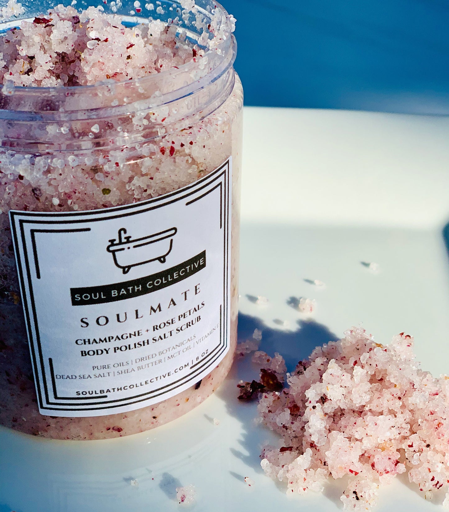 Body Polish Salt Scrub, Champagne + Rose Petals, Soulmate, Dead Sea Salt, MCT Oil, Shea Butter, Essential Oils, Dried Botanicals