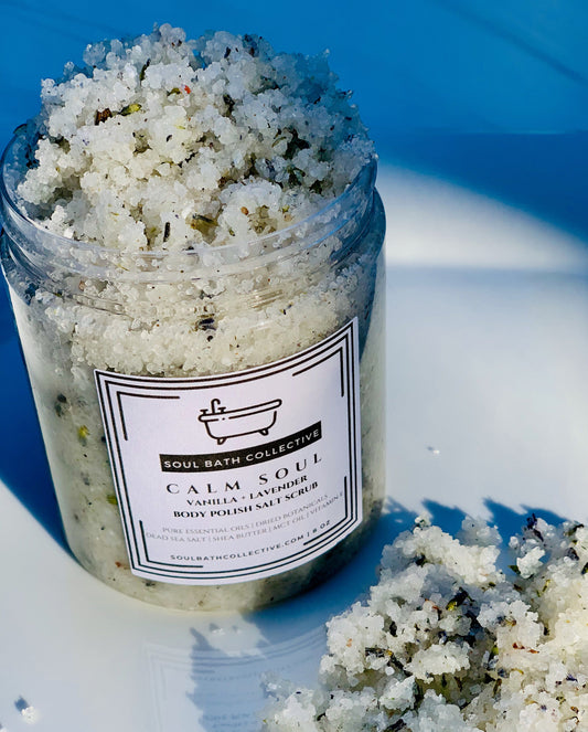 Body Polish Salt Scrub, Vanilla Lavender, Calm Soul, Dead Sea Salt, MCT Oil, Shea Butter, Essential Oils, Dried Botanicals