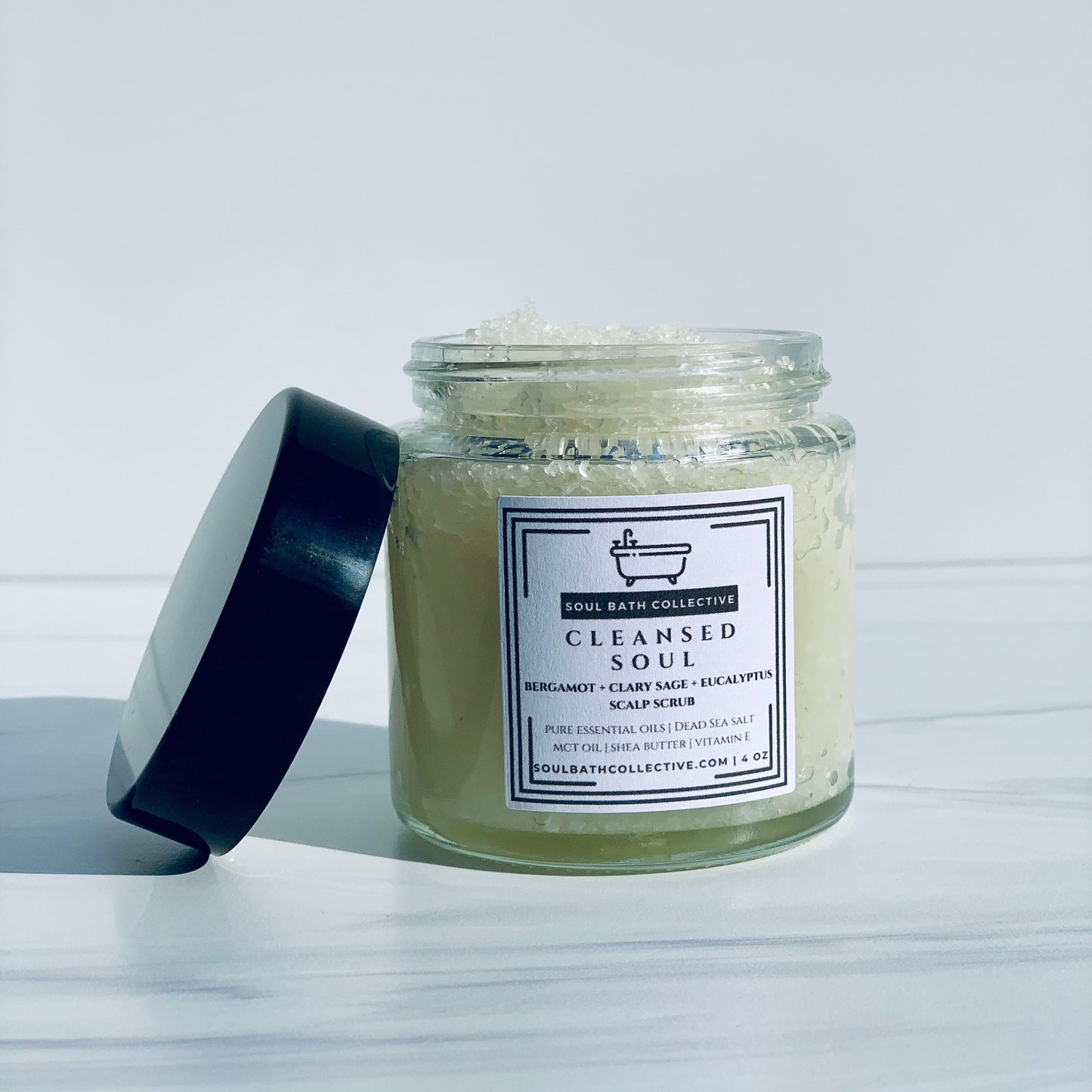 Scalp Scrub, Cleansed Soul: Bergamot, Clary Sage, Eucalyptus, Dead Sea Salt, MCT Oil, Shea Butter, 4 oz Eco-Friendly Glass Jar