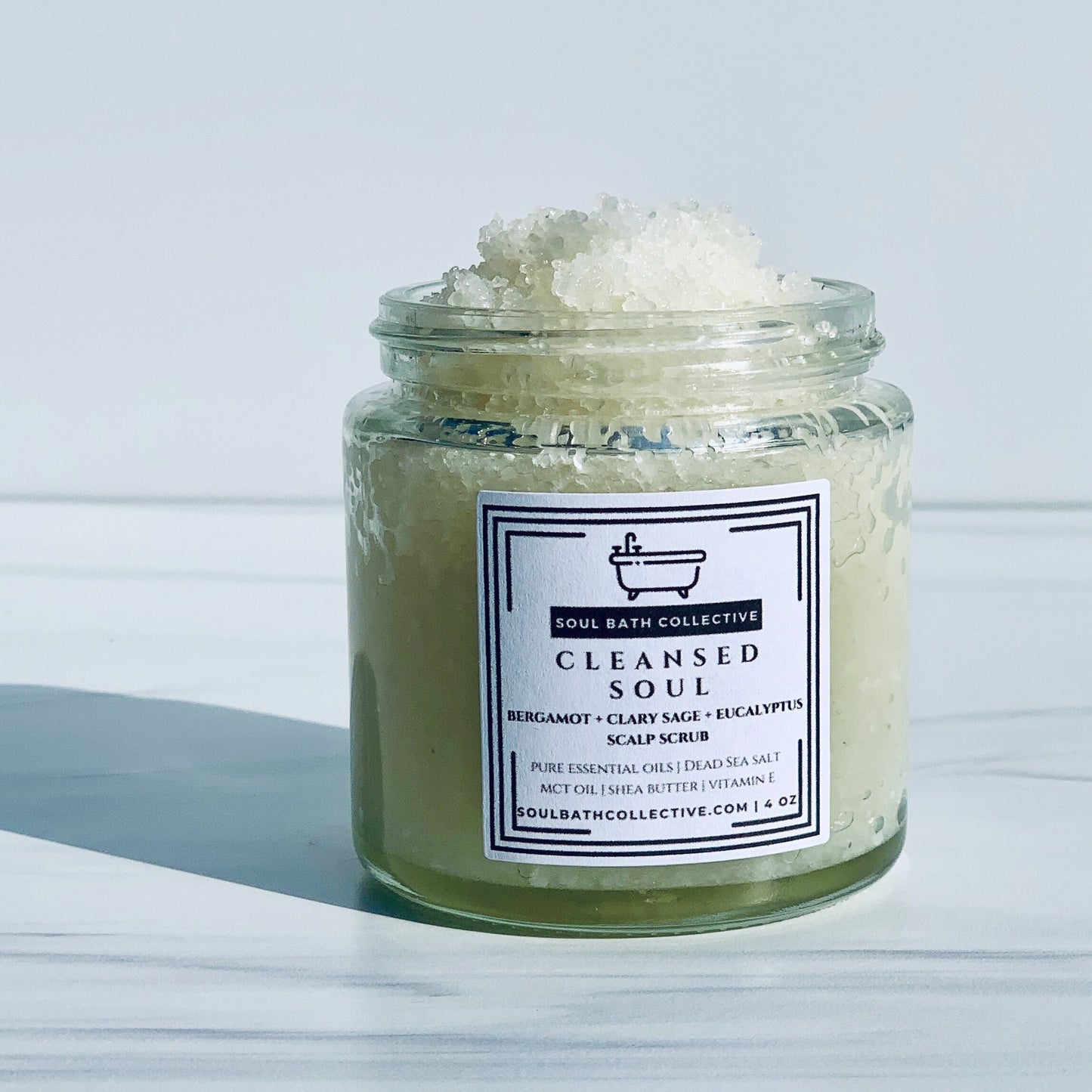 Scalp Scrub, Cleansed Soul: Bergamot, Clary Sage, Eucalyptus, Dead Sea Salt, MCT Oil, Shea Butter, 4 oz Eco-Friendly Glass Jar
