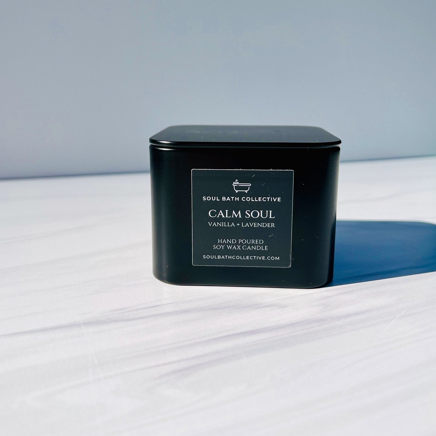 Vanilla Lavender Soy Wax Candle, Calm Soul, Clean Burning and Eco-Friendly, Travel Friendly Black Tin, 8 oz
