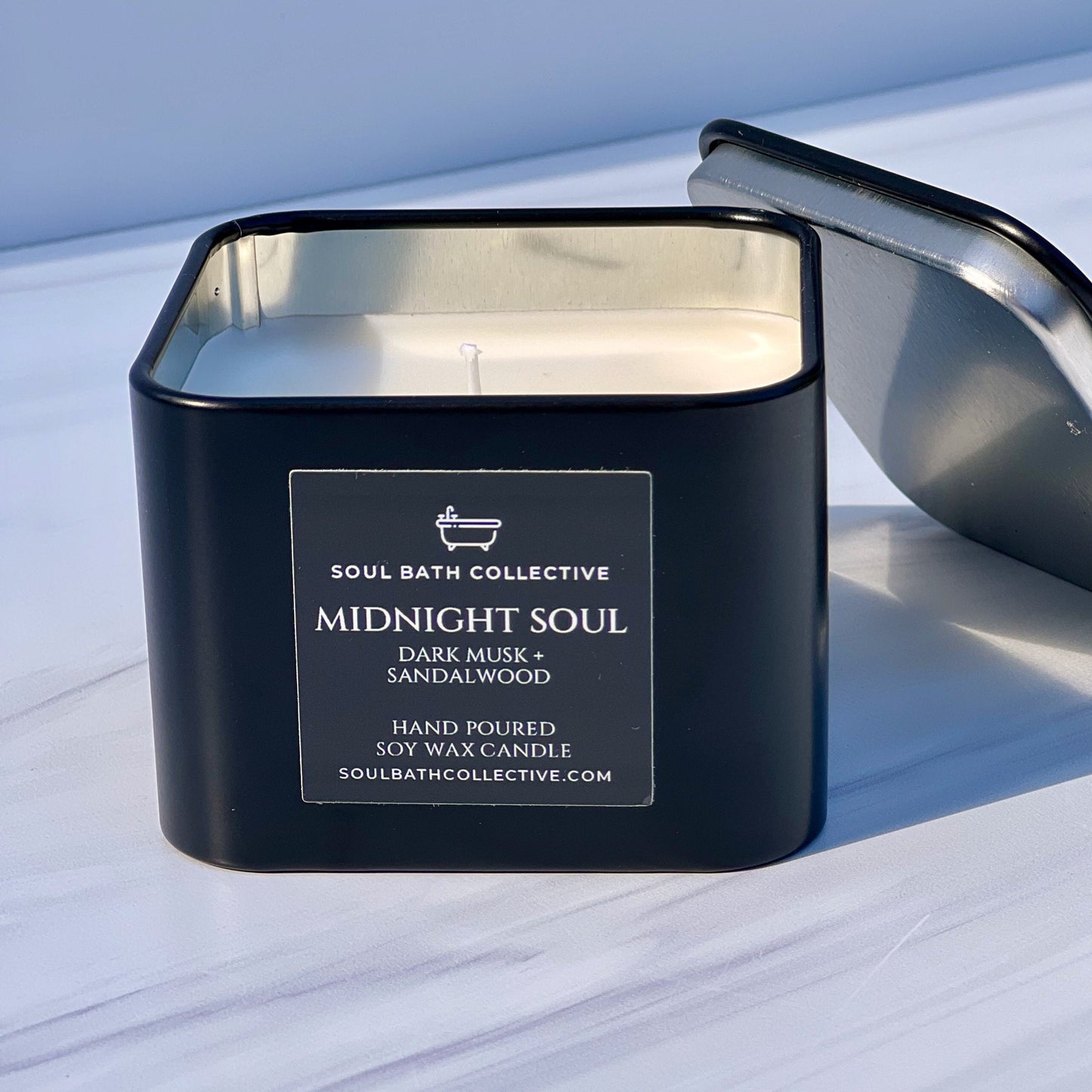 Dark Musk and Sandalwood Soy Wax Candle, Midnight Soul, Clean Burning and Eco-Friendly, Travel Friendly Black Tin, 8 oz