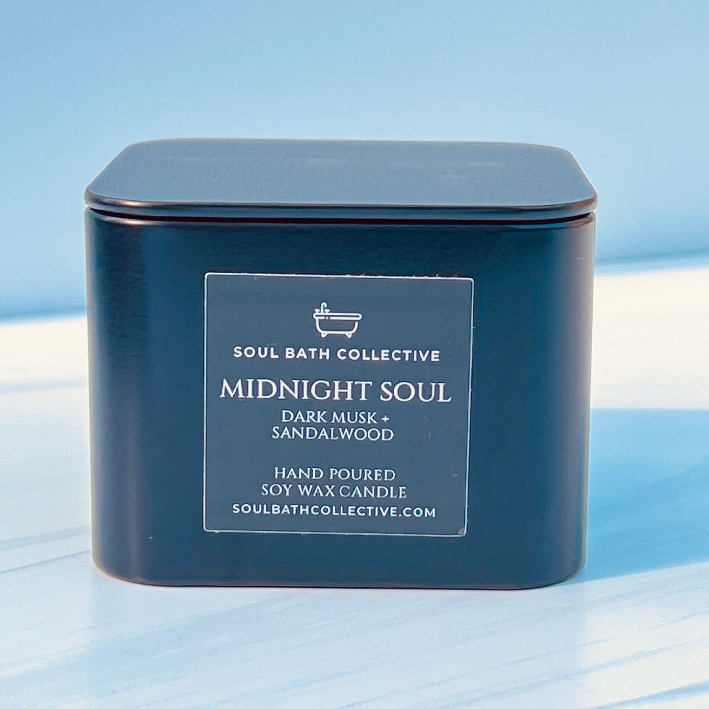 Dark Musk and Sandalwood Soy Wax Candle, Midnight Soul, Clean Burning and Eco-Friendly, Travel Friendly Black Tin, 8 oz