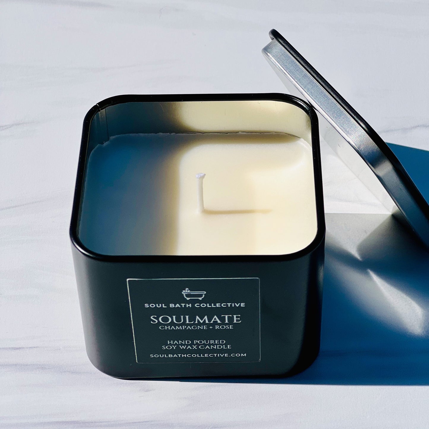 Champagne Rose Soy Wax Candle, Soulmate, Clean Burning and Eco-Friendly, Black Tin, 8 oz