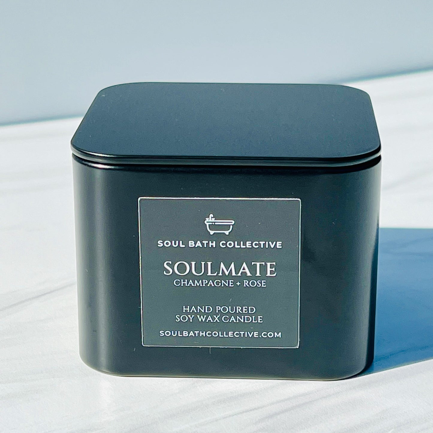 Champagne Rose Soy Wax Candle, Soulmate, Clean Burning and Eco-Friendly, Black Tin, 8 oz