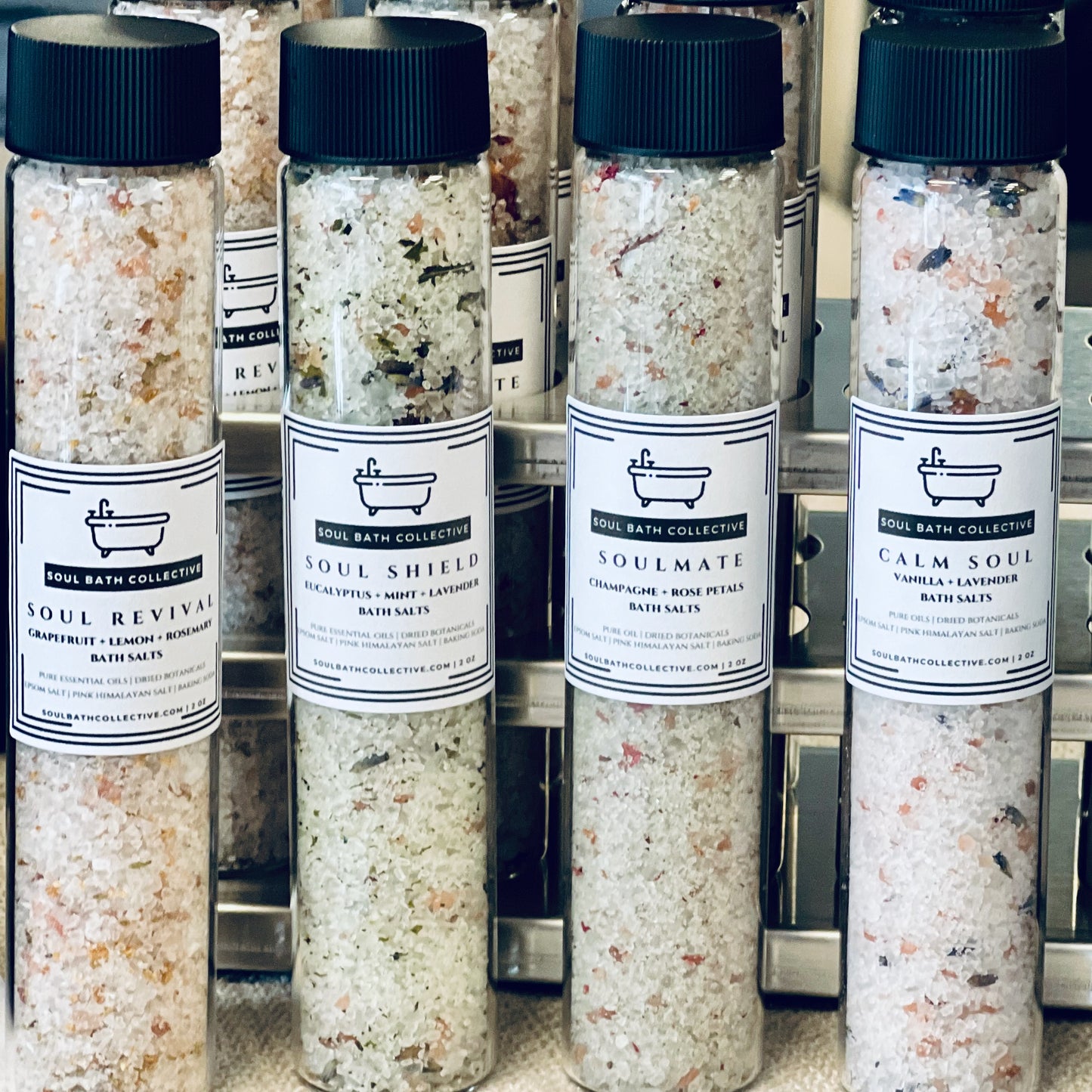 Bath Salts, Four Pack Variety Bundle Gift Set, Grapefruit Lemon Rosemary, Eucalyptus Mint, Champagne Rose, Vanilla Lavender