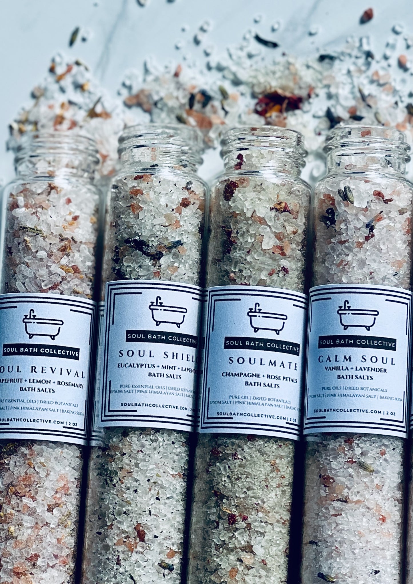 Bath Salts, Four Pack Variety Bundle Gift Set, Grapefruit Lemon Rosemary, Eucalyptus Mint, Champagne Rose, Vanilla Lavender