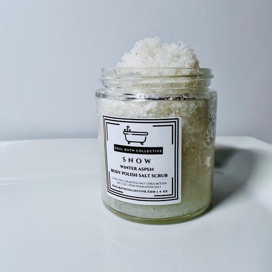 Body Polish Salt Scrub, Snow, Warm Winter Scent, 4 oz Glass Jar