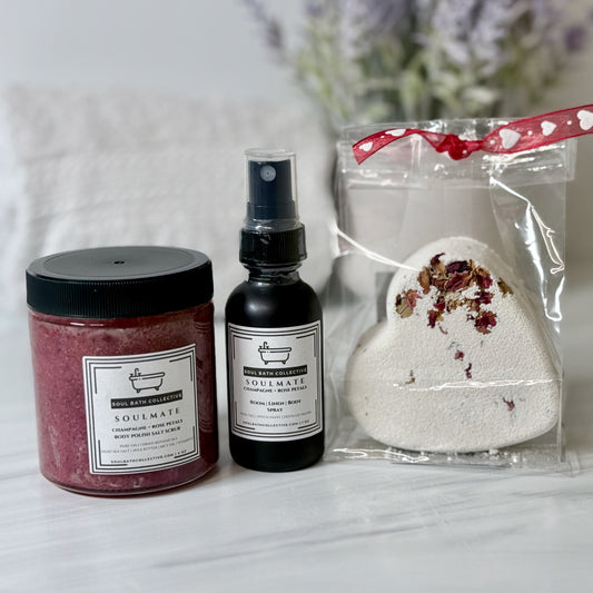 Valentine's Day Spa Gift Box, Shower Steamer Bath Bomb, Body Polish Salt Scrub, Room and Body Spray, Soulmate: Champagne & Rose