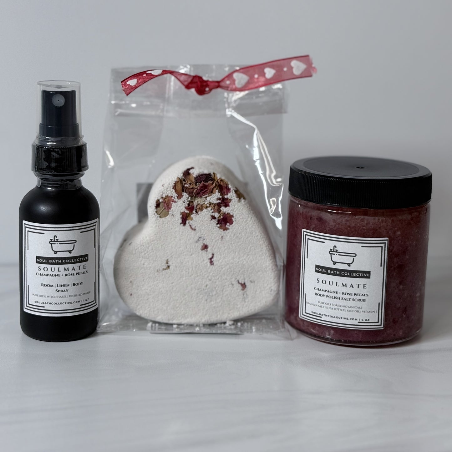 Valentine's Day Spa Gift Box, Shower Steamer Bath Bomb, Body Polish Salt Scrub, Room and Body Spray, Soulmate: Champagne & Rose