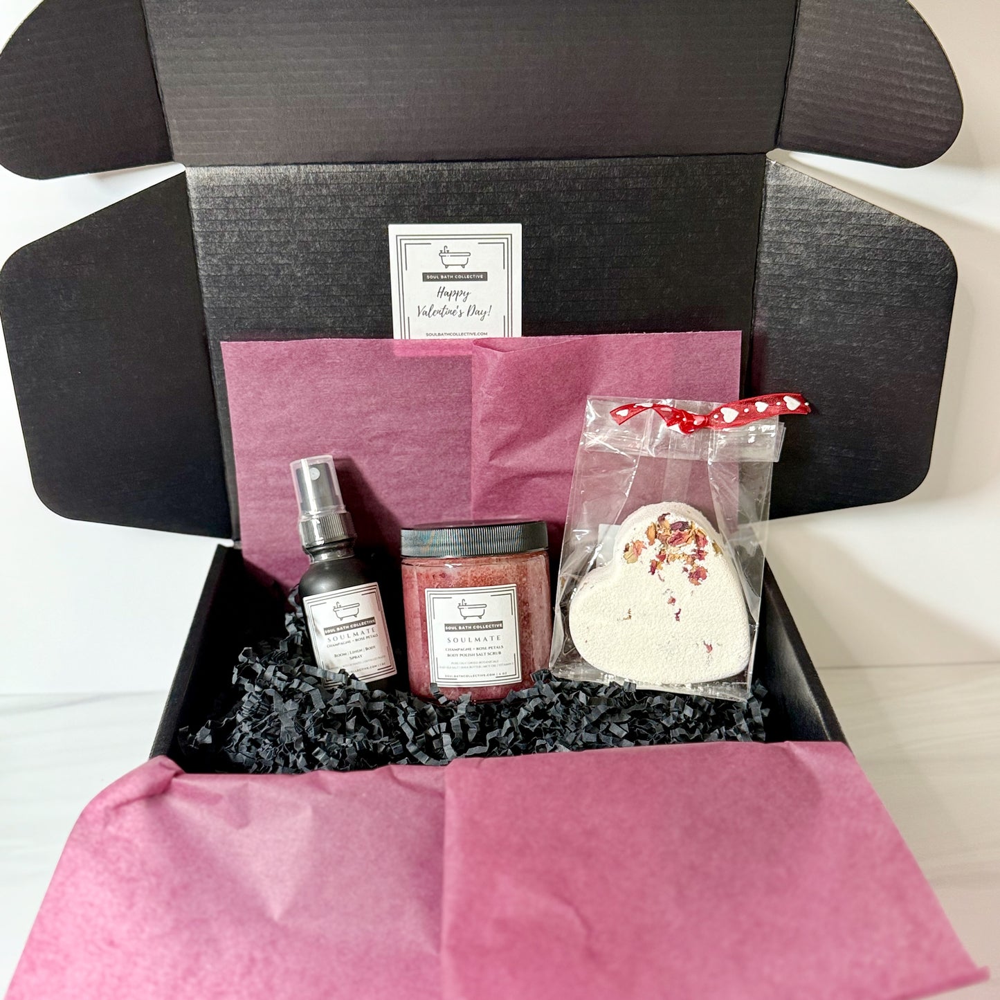 Valentine's Day Spa Gift Box, Shower Steamer Bath Bomb, Body Polish Salt Scrub, Room and Body Spray, Soulmate: Champagne & Rose