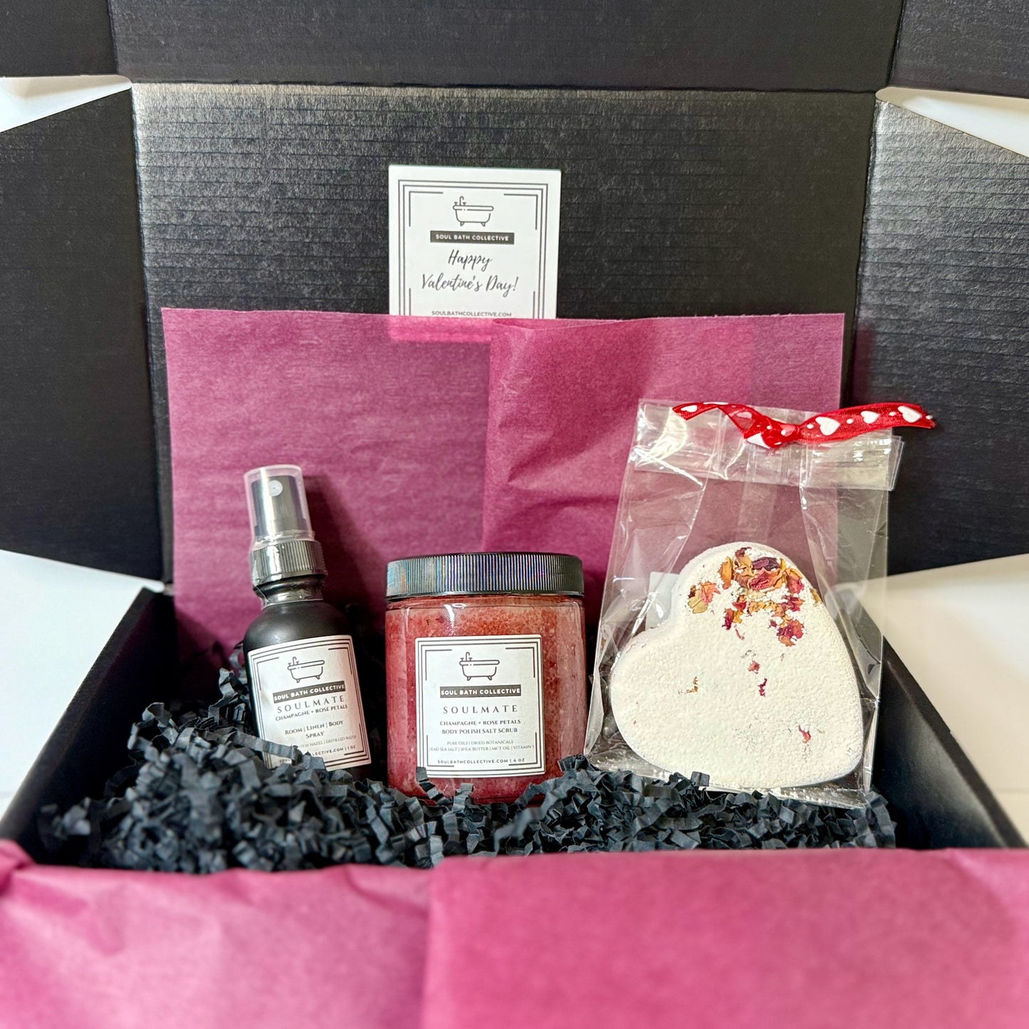 Valentine's Day Spa Gift Box, Shower Steamer Bath Bomb, Body Polish Salt Scrub, Room and Body Spray, Soulmate: Champagne & Rose