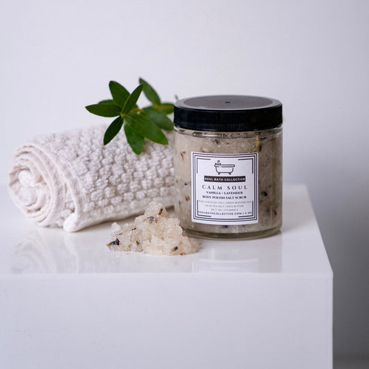 Body Polish Salt Scrub, Vanilla Lavender, Calm Soul, Dead Sea Salt, MCT Oil, Shea Butter, Essential Oils, Dried Botanicals