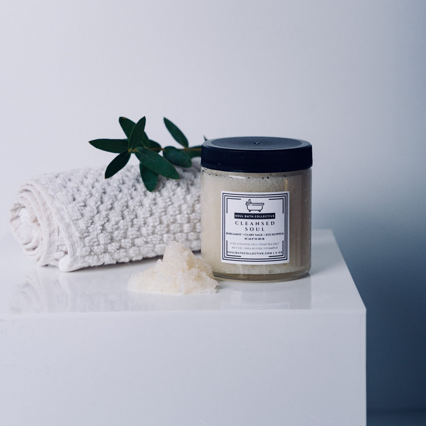 Scalp Scrub, Cleansed Soul: Bergamot, Clary Sage, Eucalyptus, Dead Sea Salt, MCT Oil, Shea Butter, 4 oz Eco-Friendly Glass Jar