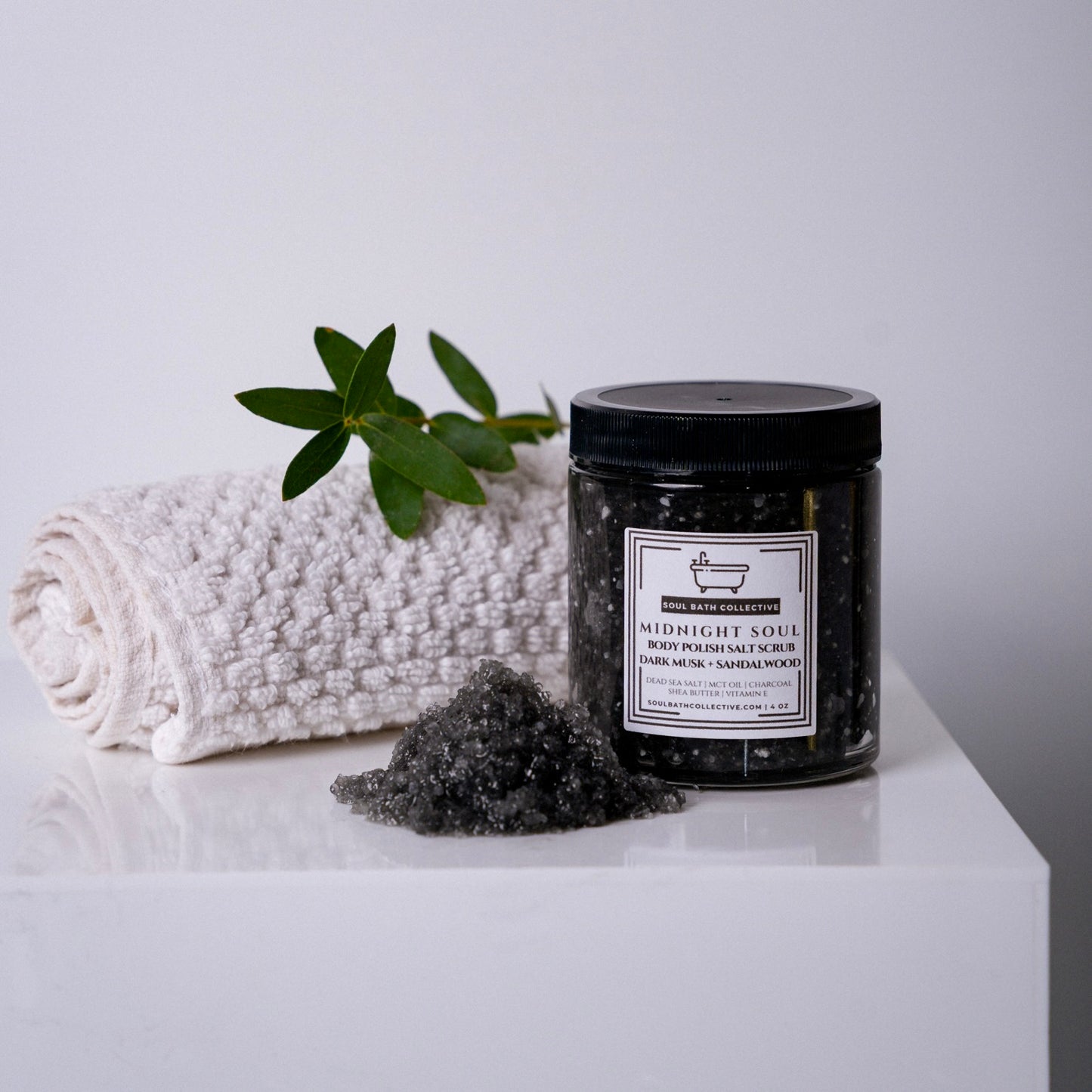 Body Polish Salt Scrub, Dark Musk Sandalwood, Midnight Soul, Dead Sea Salt, MCT Oil, Shea Butter, Essential Oils