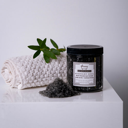 Body Polish Salt Scrub, Dark Musk Sandalwood, Midnight Soul, Dead Sea Salt, MCT Oil, Shea Butter, Essential Oils