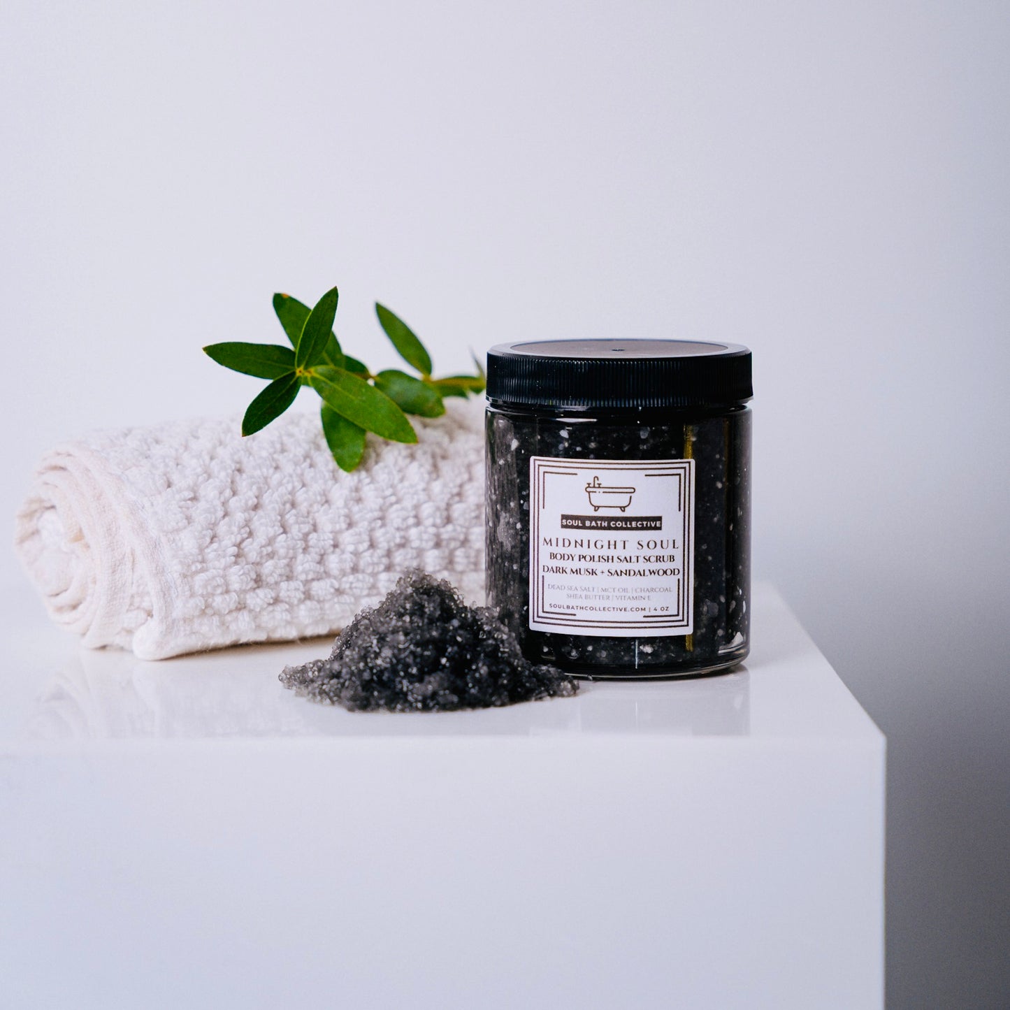 Body Polish Salt Scrub, Dark Musk Sandalwood, Midnight Soul, Dead Sea Salt, MCT Oil, Shea Butter, Essential Oils