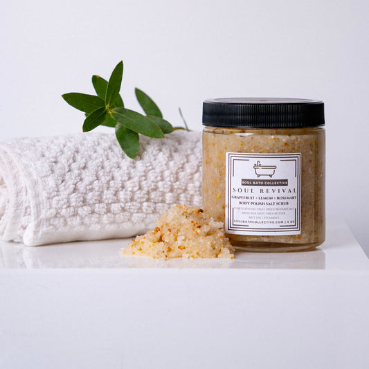Body Polish Salt Scrub, Soul Revival, Grapefruit Lemon Rosemary, Dead Sea Salt, Shea Butter, MCT Oil, Essential Oils
