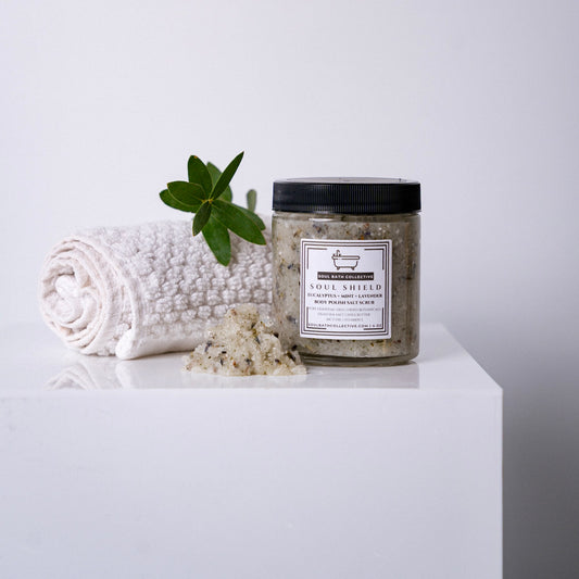 Body Polish Salt Scrub, Eucalyptus Mint Lavender, Soul Shield, Dead Sea Salt, MCT Oil, Shea Butter, Essential Oils