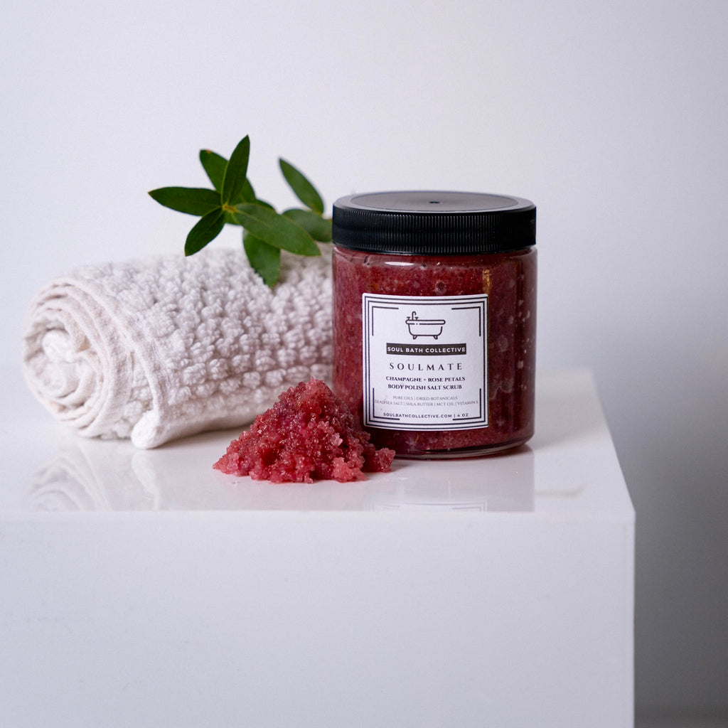 Body Polish Salt Scrub, Champagne + Rose Petals, Soulmate, Dead Sea Salt, MCT Oil, Shea Butter, Essential Oils, Dried Botanicals