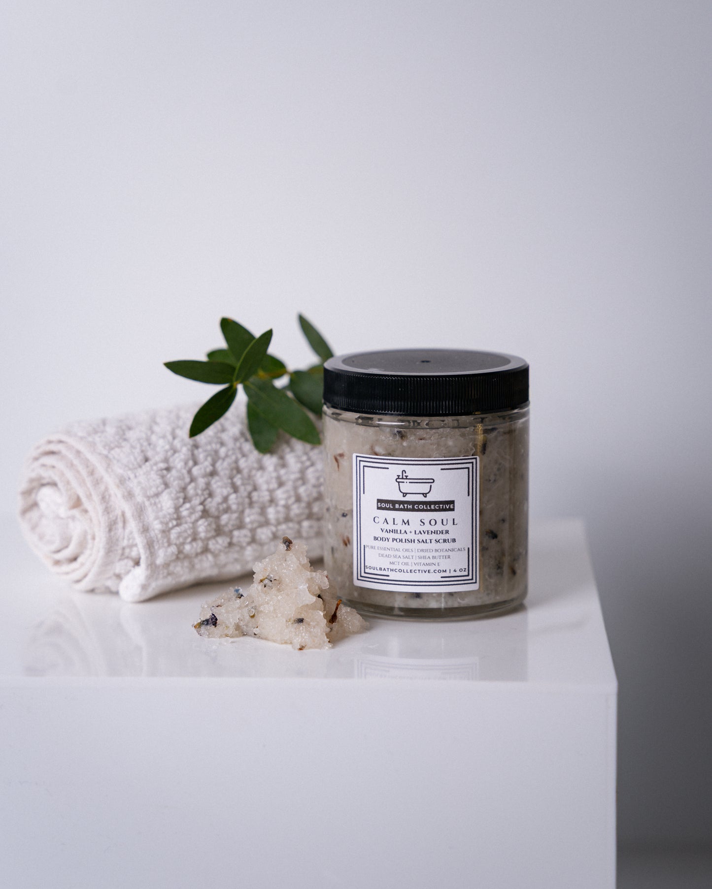 Body Polish Salt Scrub, Vanilla Lavender, Calm Soul, Dead Sea Salt, MCT Oil, Shea Butter, Essential Oils, Dried Botanicals