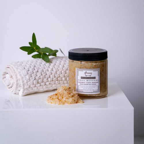 Body Polish Salt Scrub, Soul Revival, Grapefruit Lemon Rosemary, Dead Sea Salt, Shea Butter, MCT Oil, Essential Oils