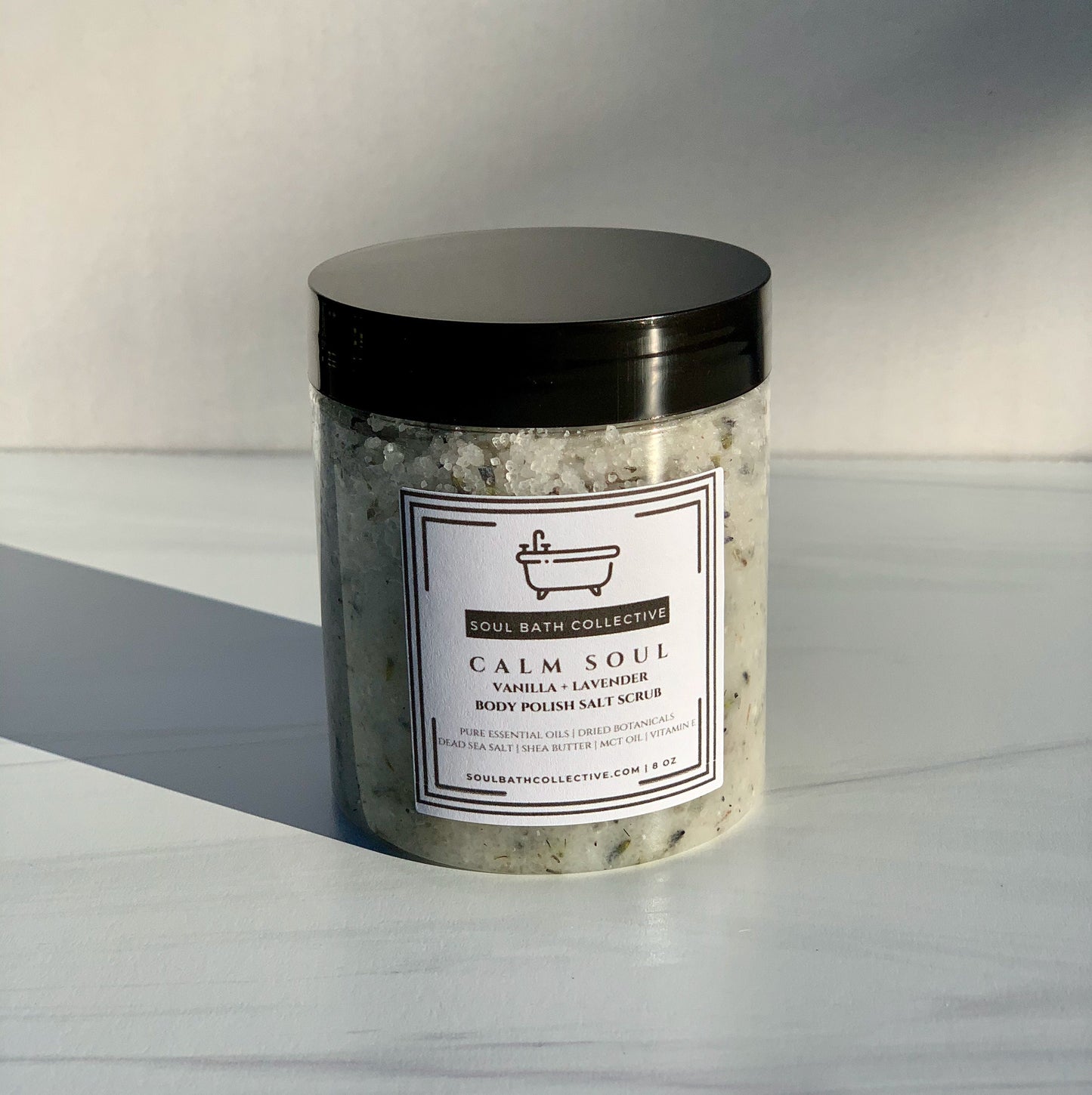 Body Polish Salt Scrub, Vanilla Lavender, Calm Soul, Dead Sea Salt, MCT Oil, Shea Butter, Essential Oils, Dried Botanicals