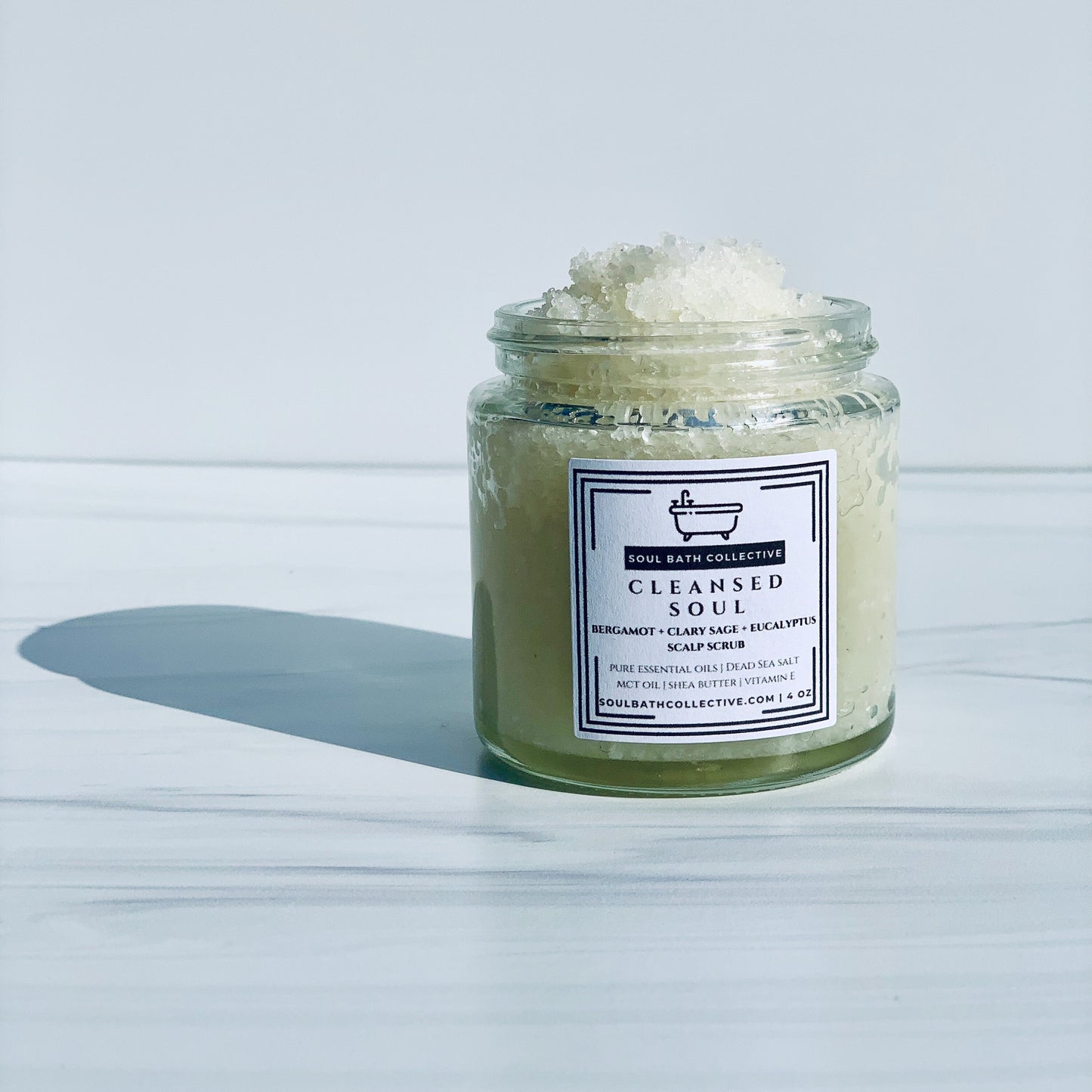 Scalp & Body Scrub, Cleansed Soul: Bergamot, Clary Sage, Eucalyptus, Dead Sea Salt, MCT Oil, Shea Butter, 4 oz Eco-Friendly Glass Jar