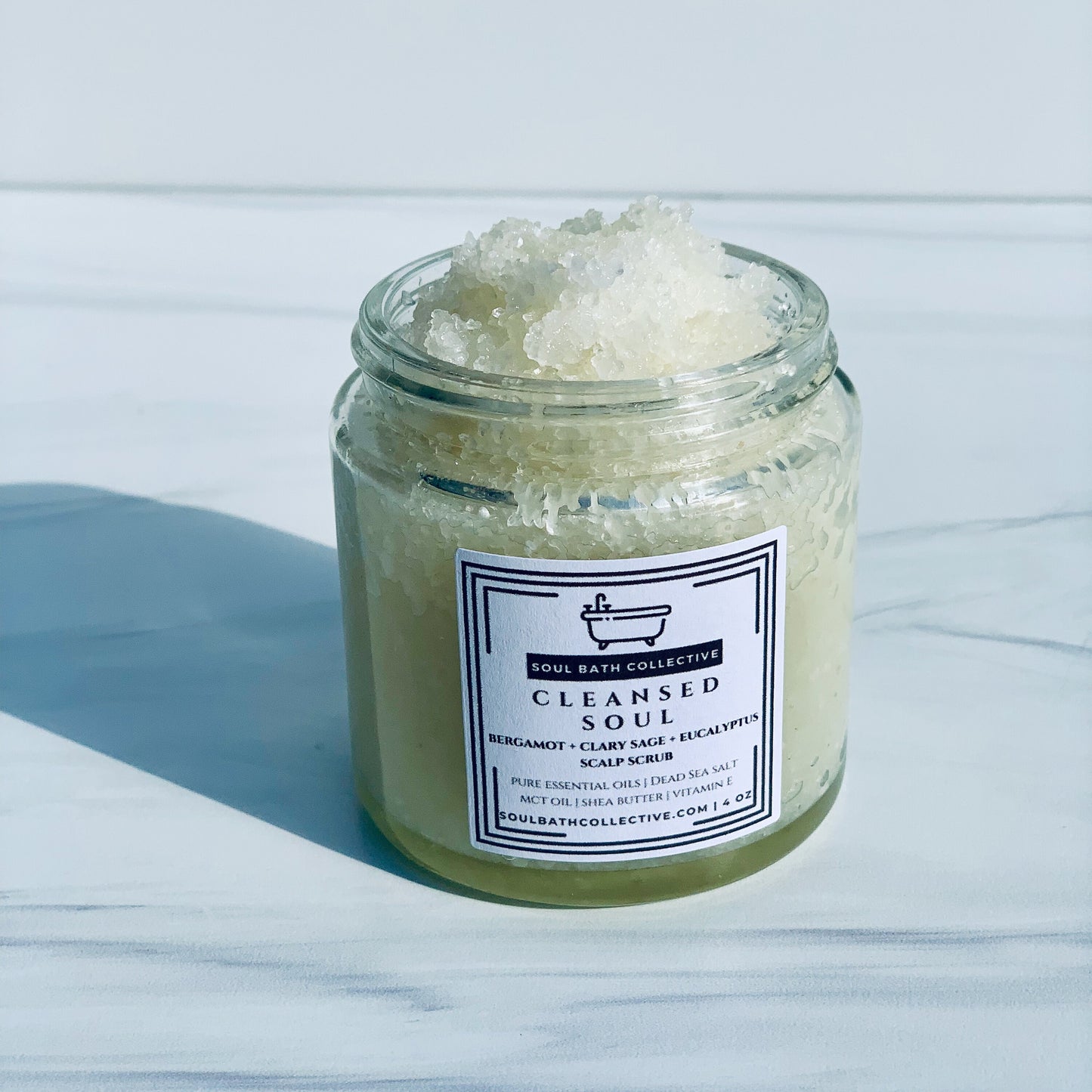 Scalp & Body Scrub, Cleansed Soul: Bergamot, Clary Sage, Eucalyptus, Dead Sea Salt, MCT Oil, Shea Butter, 4 oz Eco-Friendly Glass Jar