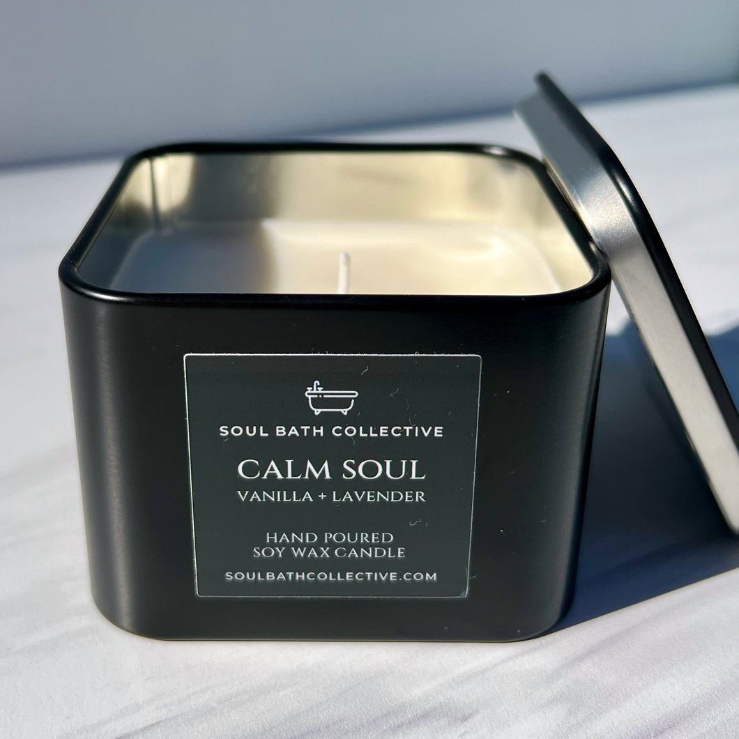Vanilla Lavender Soy Wax Candle, Calm Soul, Clean Burning and Eco-Friendly, Travel Friendly Black Tin, 8 oz