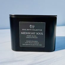 Load image into Gallery viewer, Dark Musk and Sandalwood Soy Wax Candle, Midnight Soul, Clean Burning and Eco-Friendly, Travel Friendly Black Tin, 8 oz

