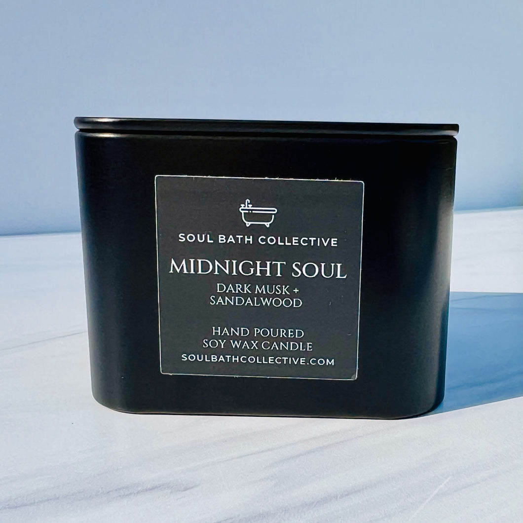 Dark Musk and Sandalwood Soy Wax Candle, Midnight Soul, Clean Burning and Eco-Friendly, Travel Friendly Black Tin, 8 oz