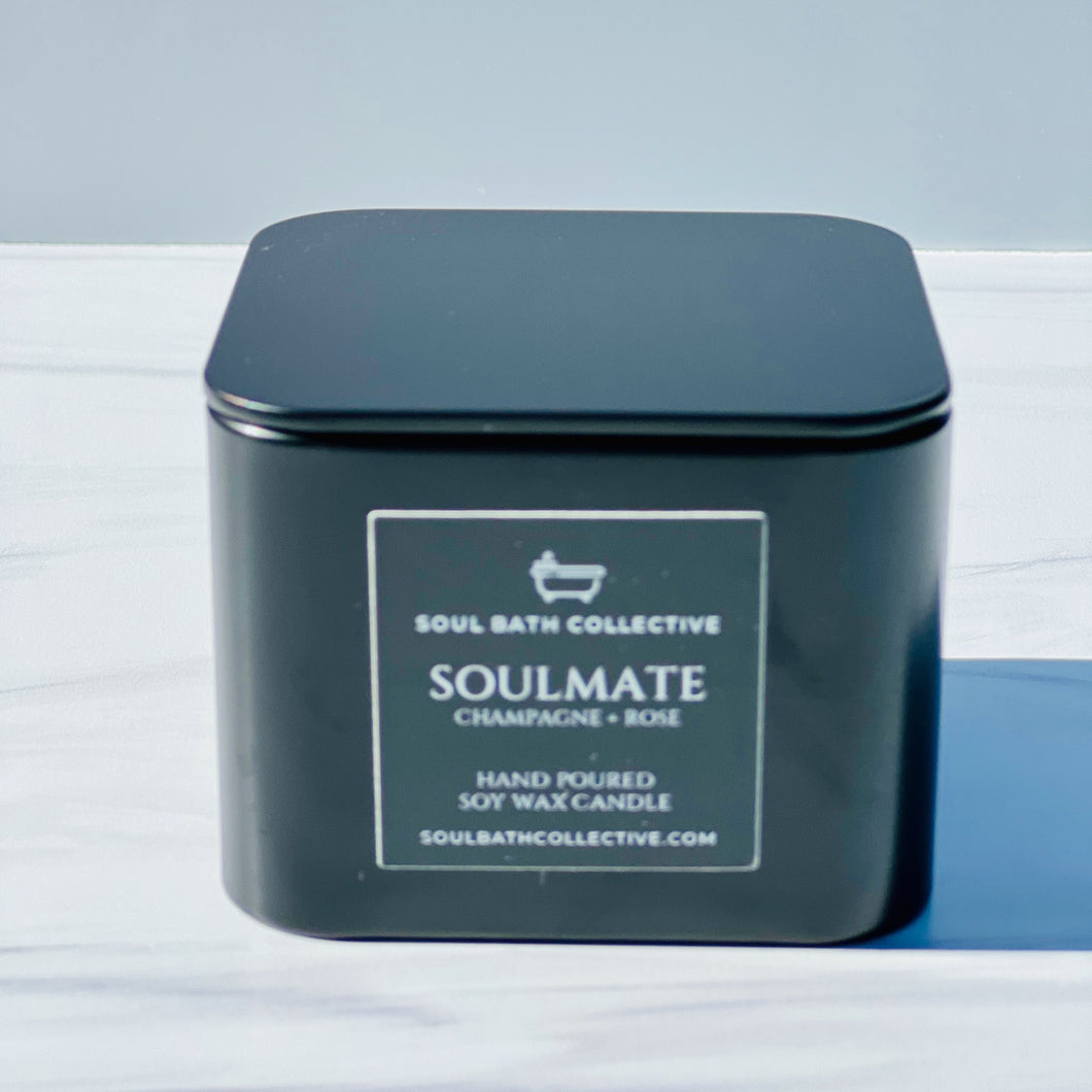 Champagne Rose Soy Wax Candle, Soulmate, Clean Burning and Eco-Friendly, Black Tin, 8 oz